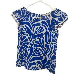 Christian Siriano New York Top Blue, White Floral Print Short Sleeve Size XS